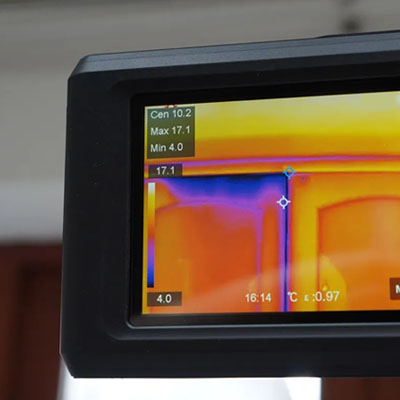 Thermal imagine camera to detect potential evaporative cooling in the walls.